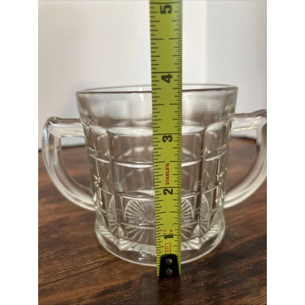 Vintage Federal Glass ClearWaffle Pattern Double Handle SugarBowl Starburst Base
